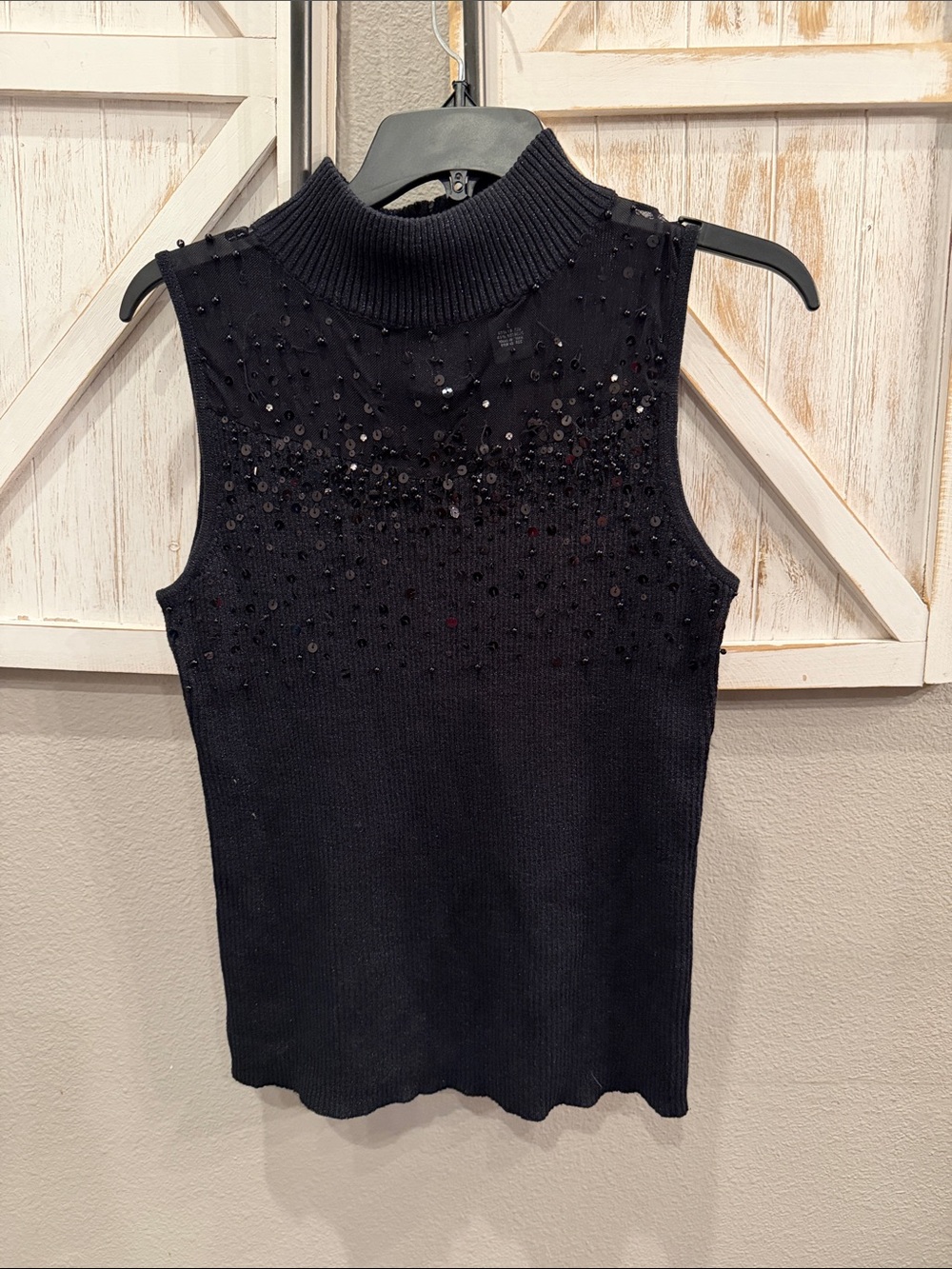 Sleeveless Mock Neck Sequin-Embellished Knit Top - Black great under jacket